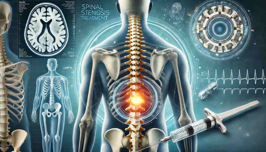 A futuristic medical illustration showing the human spine with emphasis on spinal stenosis. The narrowing of the spinal canal is highlighted, with modern medical equipment and MRI scans in the background, symbolizing advanced treatment methods. The color scheme features soft blues and whites, representing innovation in spinal stenosis treatment.