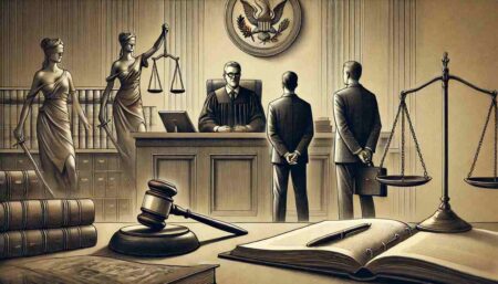 A courtroom scene depicting a legal arraignment, with a judge holding a gavel at the bench, a defendant standing before the court, and a lawyer beside the defendant. The image conveys a serious atmosphere, with traditional courtroom elements like scales of justice and a courthouse seal in the background. The muted color scheme reflects the gravity of legal proceedings.