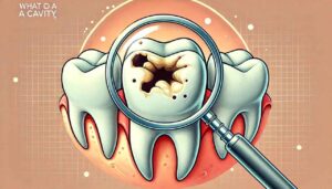 Close-up illustration of a tooth with visible signs of a cavity, highlighted by a magnifying glass, showing dark spots and decayed areas to help readers recognize dental cavities.