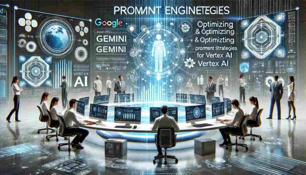 AI engineers optimizing prompt strategies with digital interfaces and AI tools