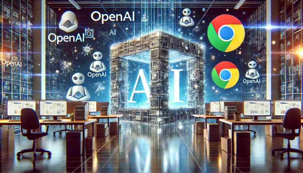 Futuristic AI and browser platforms connected by digital synergy bridge