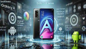 Highlighted Samsung Galaxy A phones showing Android update icons with others faded in a tech-themed background.