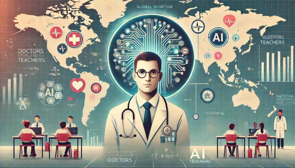 Global doctor and teacher shortage visual with AI integration concept