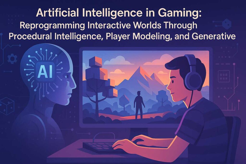 Gamer playing AI-driven game with procedural world and robot head symbolizing artificial intelligence.