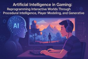 Gamer playing AI-driven game with procedural world and robot head symbolizing artificial intelligence.