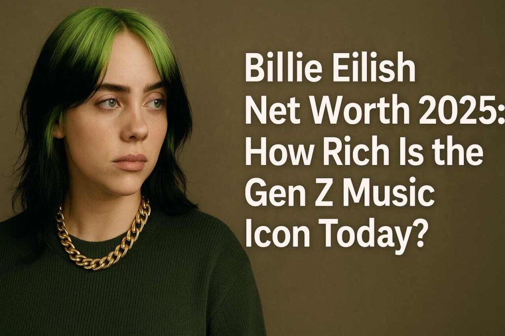 Billie Eilish portrait with net worth 2025 headline in landscape format.