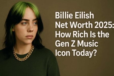 Billie Eilish portrait with net worth 2025 headline in landscape format.