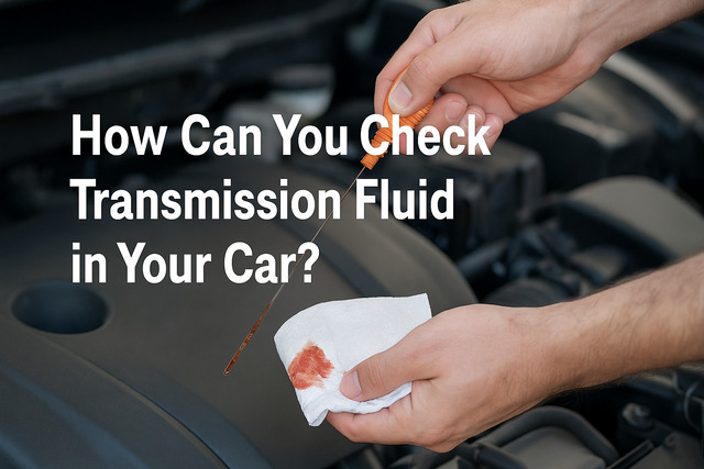 Checking car transmission fluid dipstick with red fluid on a paper towel.