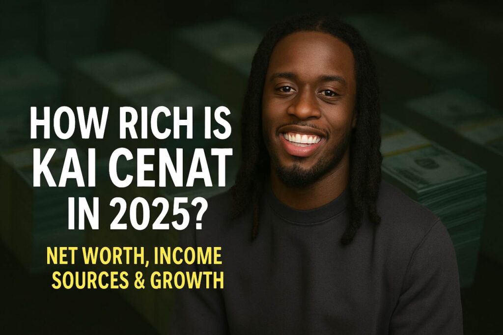 Kai Cenat with money background and bold centered text on his 2025 net worth.