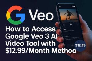 Smartphone showing Google Veo 3 with $12.99/month offer.