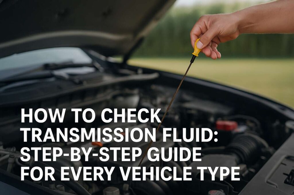 Checking transmission fluid with a yellow dipstick under car hood.