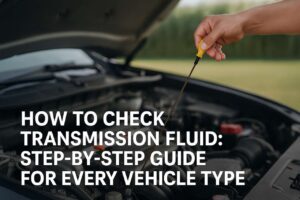 Checking transmission fluid with a yellow dipstick under car hood.