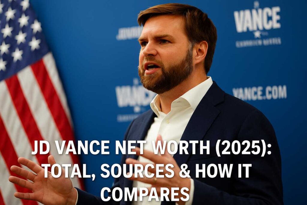 JD Vance speaking in front of an American flag and campaign backdrop.