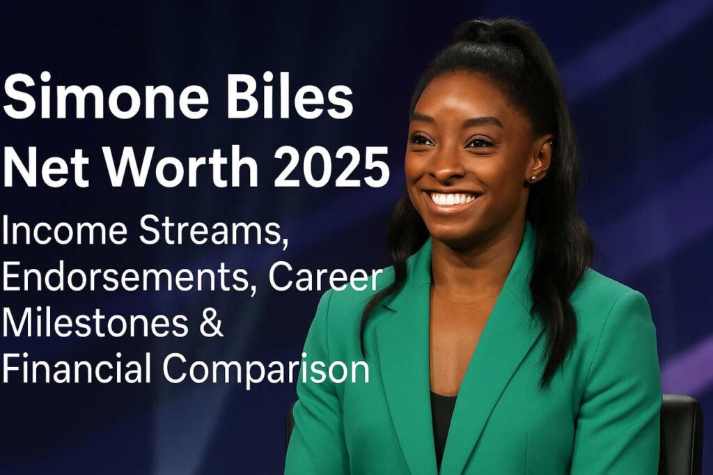 Simone Biles smiling in a green blazer at an event with blog title overlay.