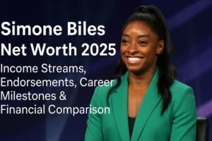 Simone Biles smiling in a green blazer at an event with blog title overlay.