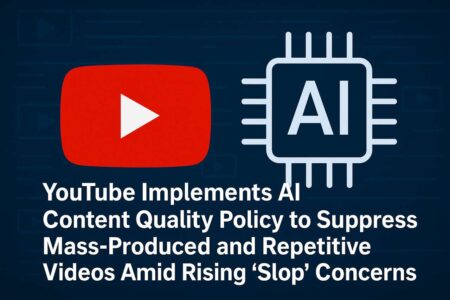 YouTube and AI chip icons on dark background representing content policy change.