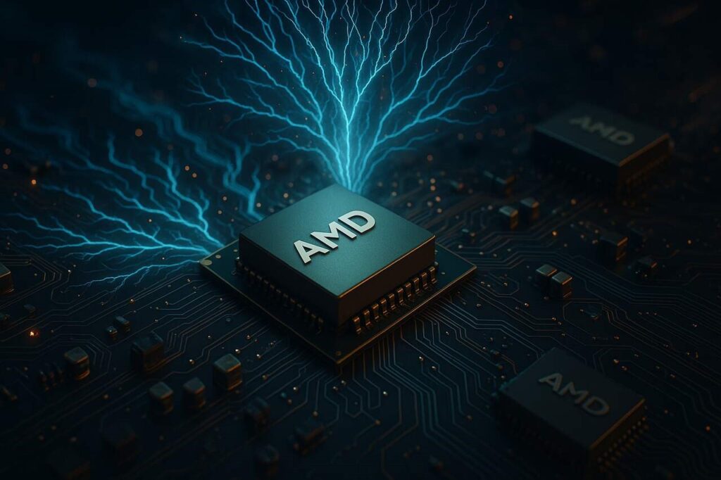AMD chip glowing with AI neural patterns showing CPU growth and strategy.