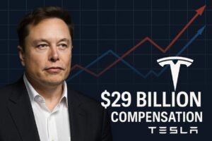 Elon Musk with Tesla chart, $29B pay figure, and Tesla logo.
