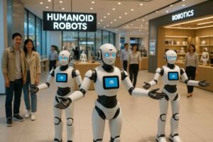 Humanoid robots greeting customers in a modern Chinese retail hub.