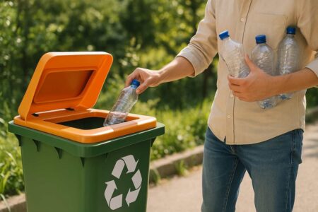Recycling plastic bottles into a smart bin outdoors for sustainability.