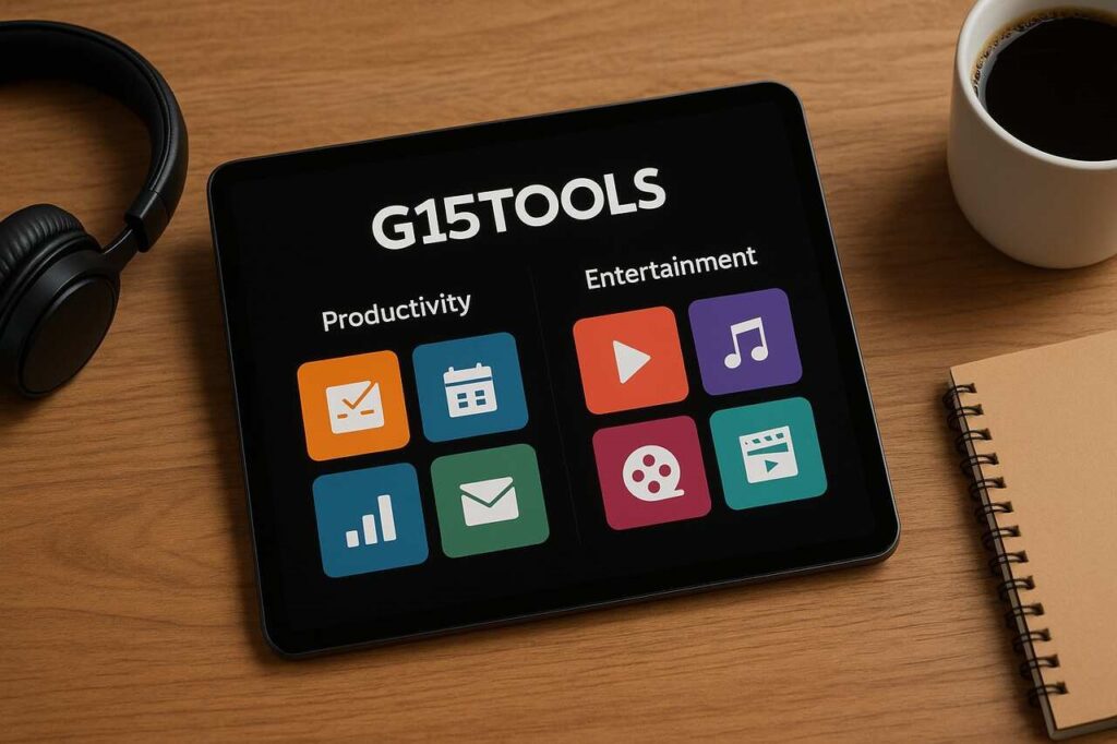 G15Tools tablet showing productivity and entertainment features on desk.