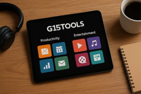 G15Tools tablet showing productivity and entertainment features on desk.