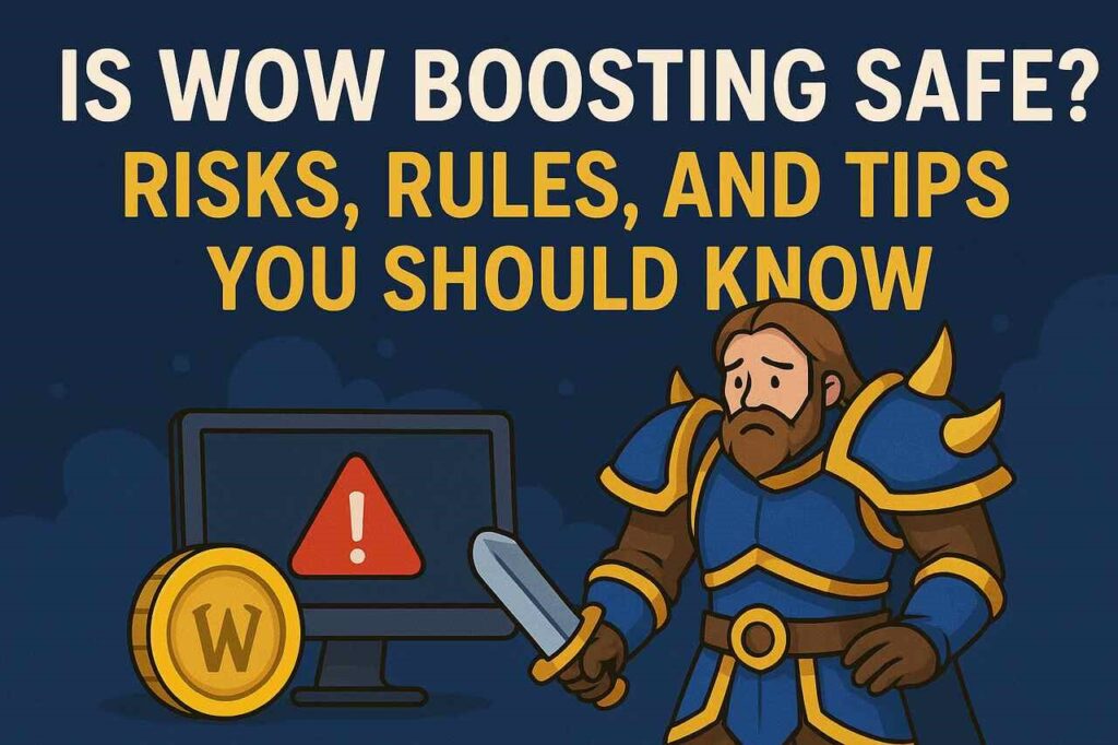 Concerned WoW character next to a warning sign about boosting safety.