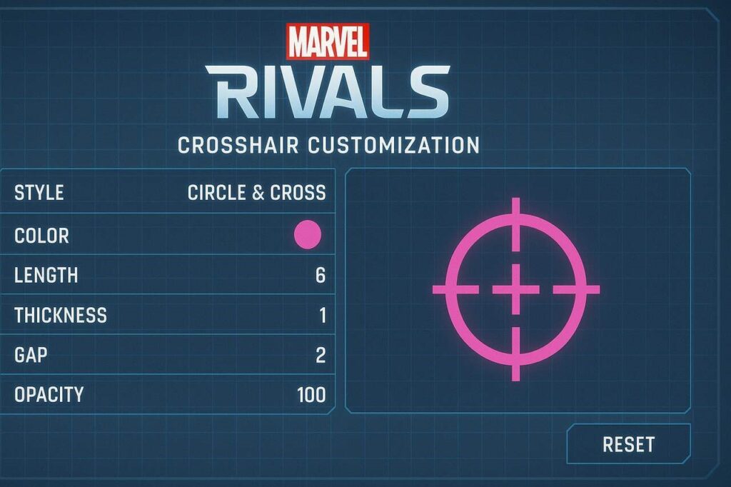Marvel Rivals crosshair customization settings screen.