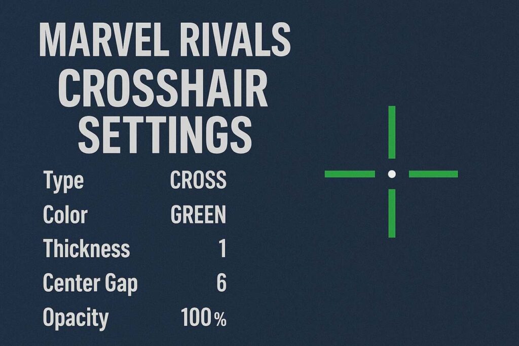 Marvel Rivals optimized crosshair settings with green reticle on dark blue background.