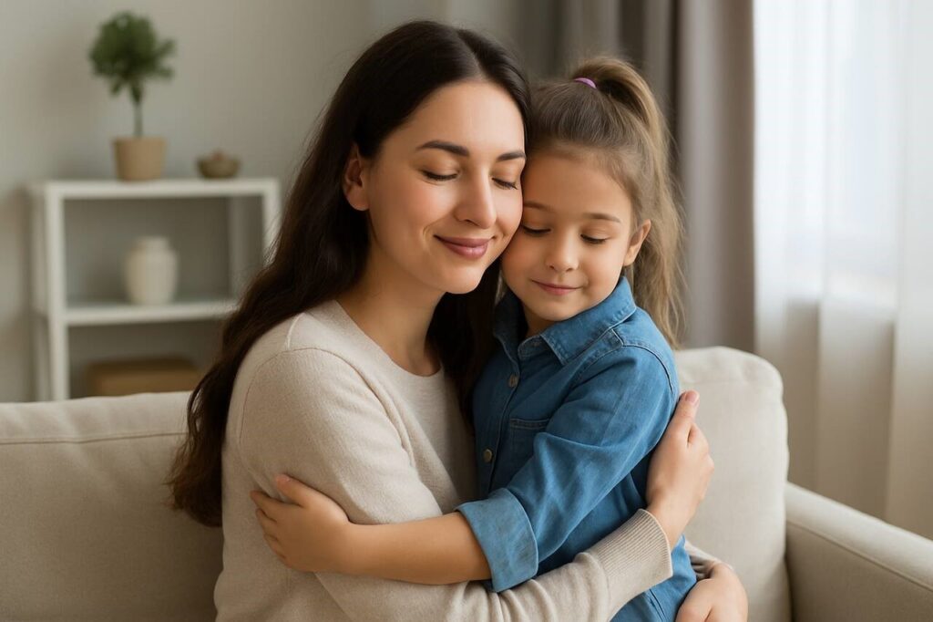 Mother and daughter hugging warmly in a living room setting.