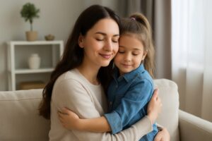 Mother and daughter hugging warmly in a living room setting.