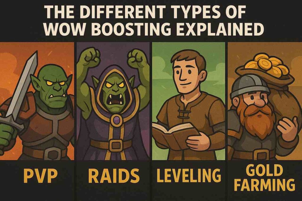 WoW characters representing PvP, Raids, Leveling, and Gold Farming boosting types.
