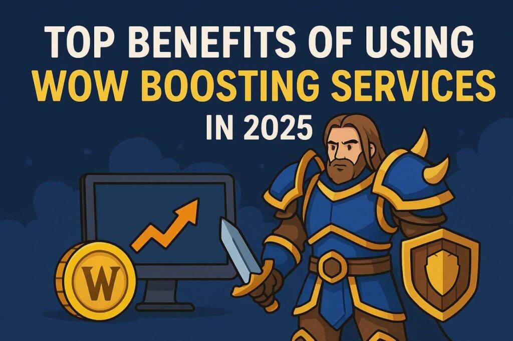 WoW warrior with gold coins and monitor showing boosting benefits.