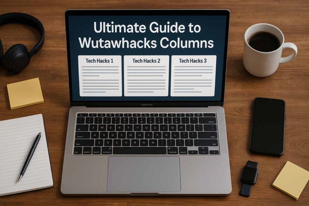 Laptop on desk showing Wutawhacks columns and tech gear.