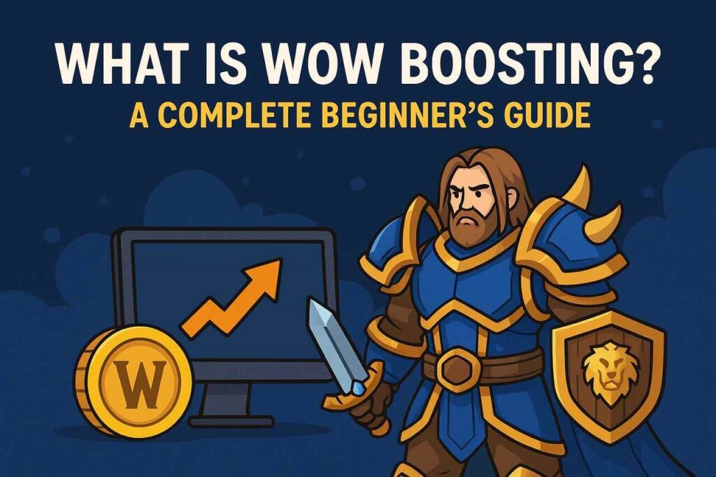 WoW warrior beside monitor and gold coin symbolizing boosting.
