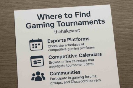 Infographic about finding gaming tournaments placed on a wooden surface.