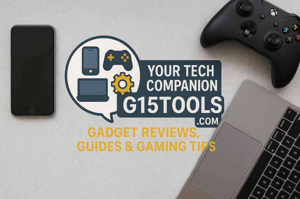 Realistic layout of gadgets with G15Tools tech companion branding