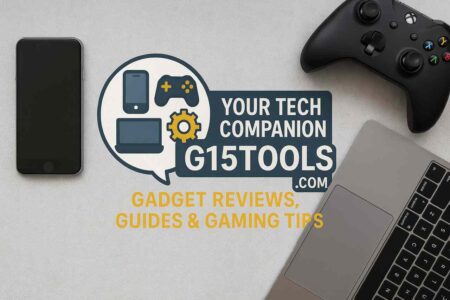Realistic layout of gadgets with G15Tools tech companion branding