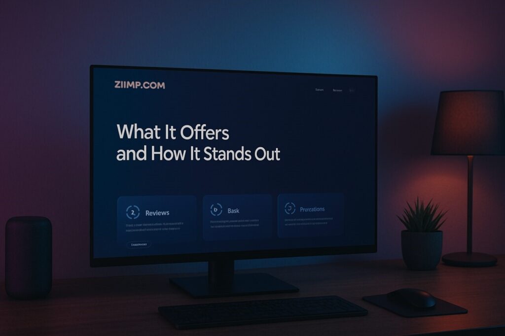 Ziimp.com website on widescreen monitor in ambient-lit tech workspace.