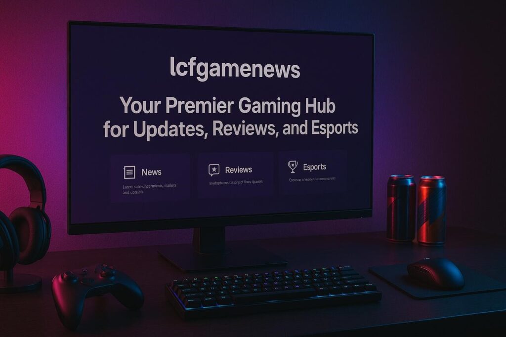 Gaming setup with lcfgamenews website open on widescreen monitor.