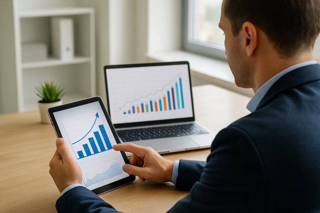 Investor reviewing growth charts for startup investment via Anaxago.