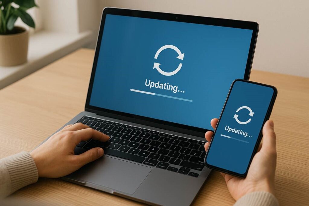 Updating laptop and smartphone to enhance tech performance and security.