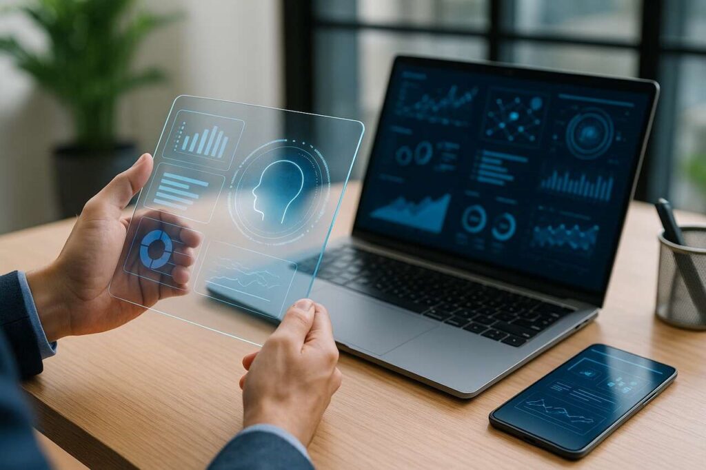 Using futuristic digital tools in a modern office setup.