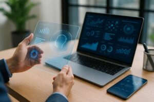 Using futuristic digital tools in a modern office setup.