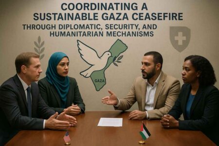 Diplomats discussing Gaza ceasefire strategy with peace symbols in background.