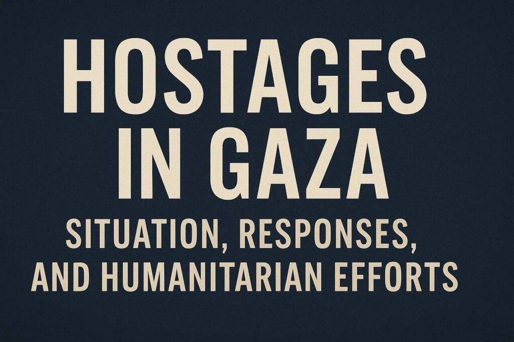 Hostages in Gaza title on dark blue background with subtitle about crisis response.