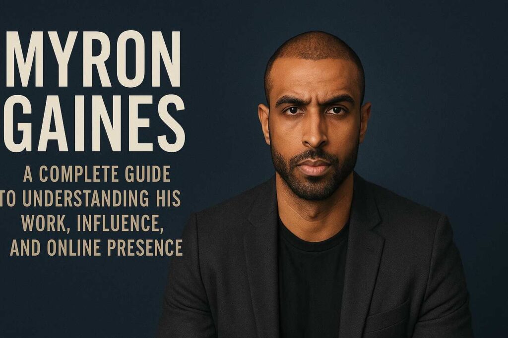 Myron Gaines in dark blazer with title text about his work and online influence.